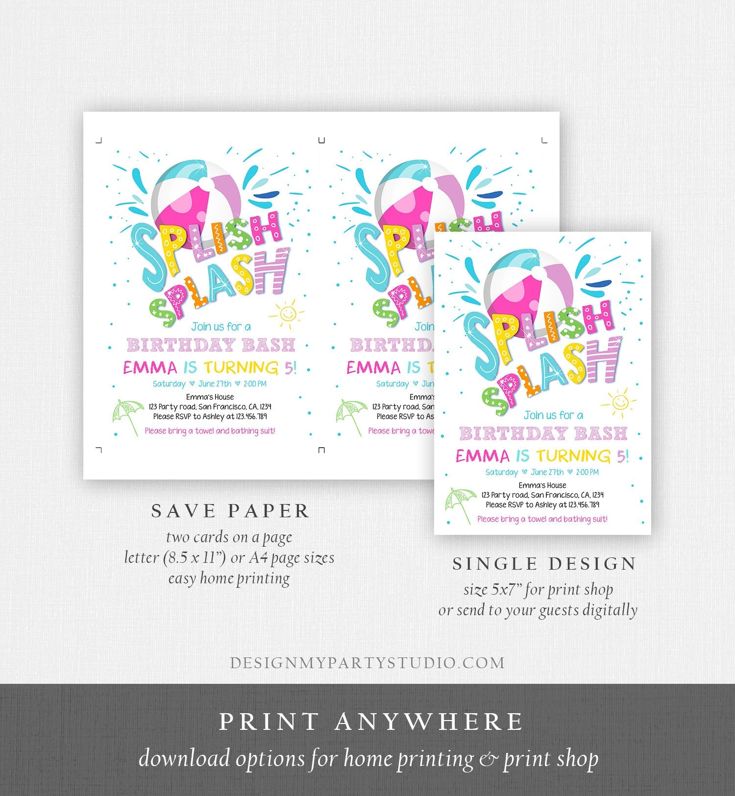 Editable Splish Splash Birthday Invitation Pool Party Boy Beach Ball Blue Green Birthday Bash Download Printable Invite Template Corjl 0169