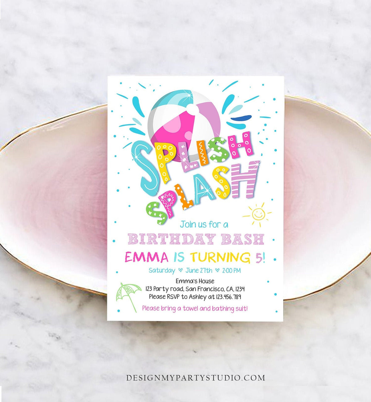 Editable Splish Splash Birthday Invitation Pool Party Boy Beach Ball Blue Green Birthday Bash Download Printable Invite Template Corjl 0169