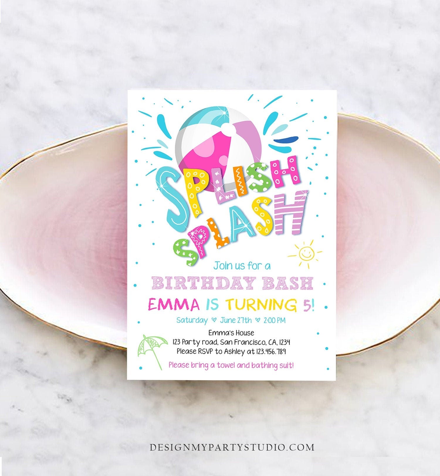 Editable Splish Splash Birthday Invitation Pool Party Boy Beach Ball Blue Green Birthday Bash Download Printable Invite Template Corjl 0169
