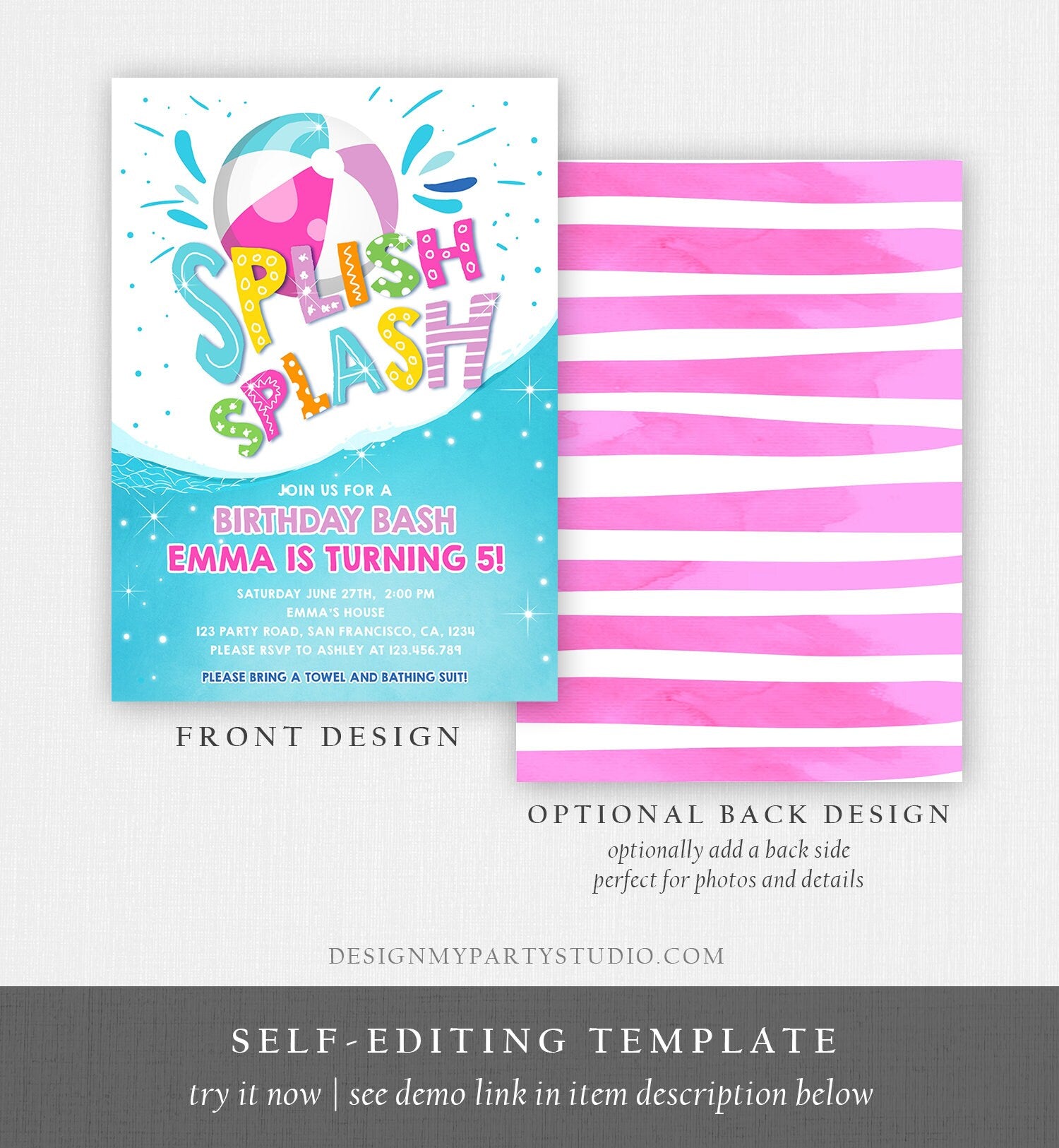 Editable Splish Splash Birthday Invitation Pool Party Boy Beach Ball Blue Green Birthday Bash Digital Download Evite Template Printable 0169