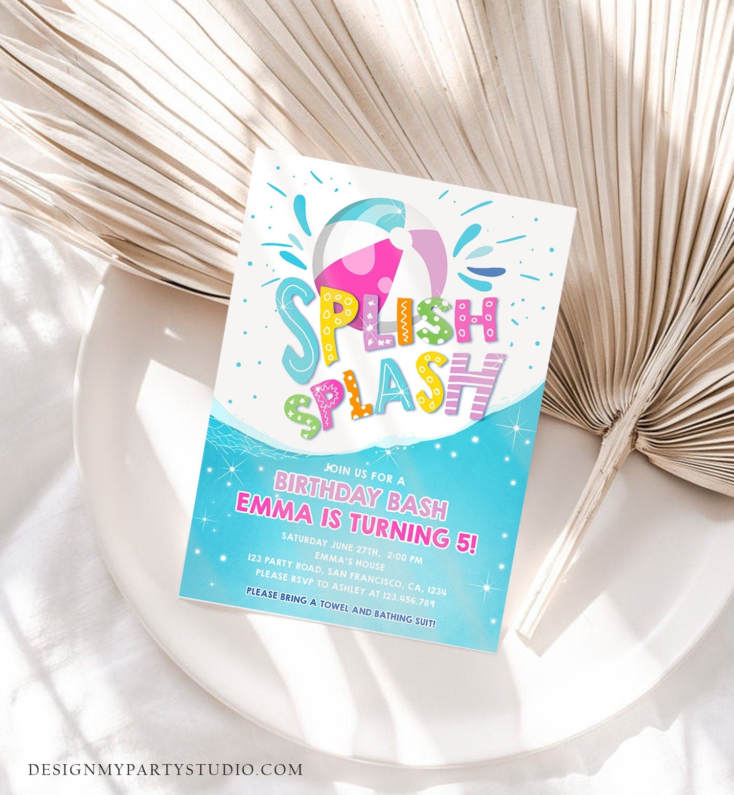Editable Splish Splash Birthday Invitation Pool Party Boy Beach Ball Blue Green Birthday Bash Download Printable Invite Template Corjl 0169