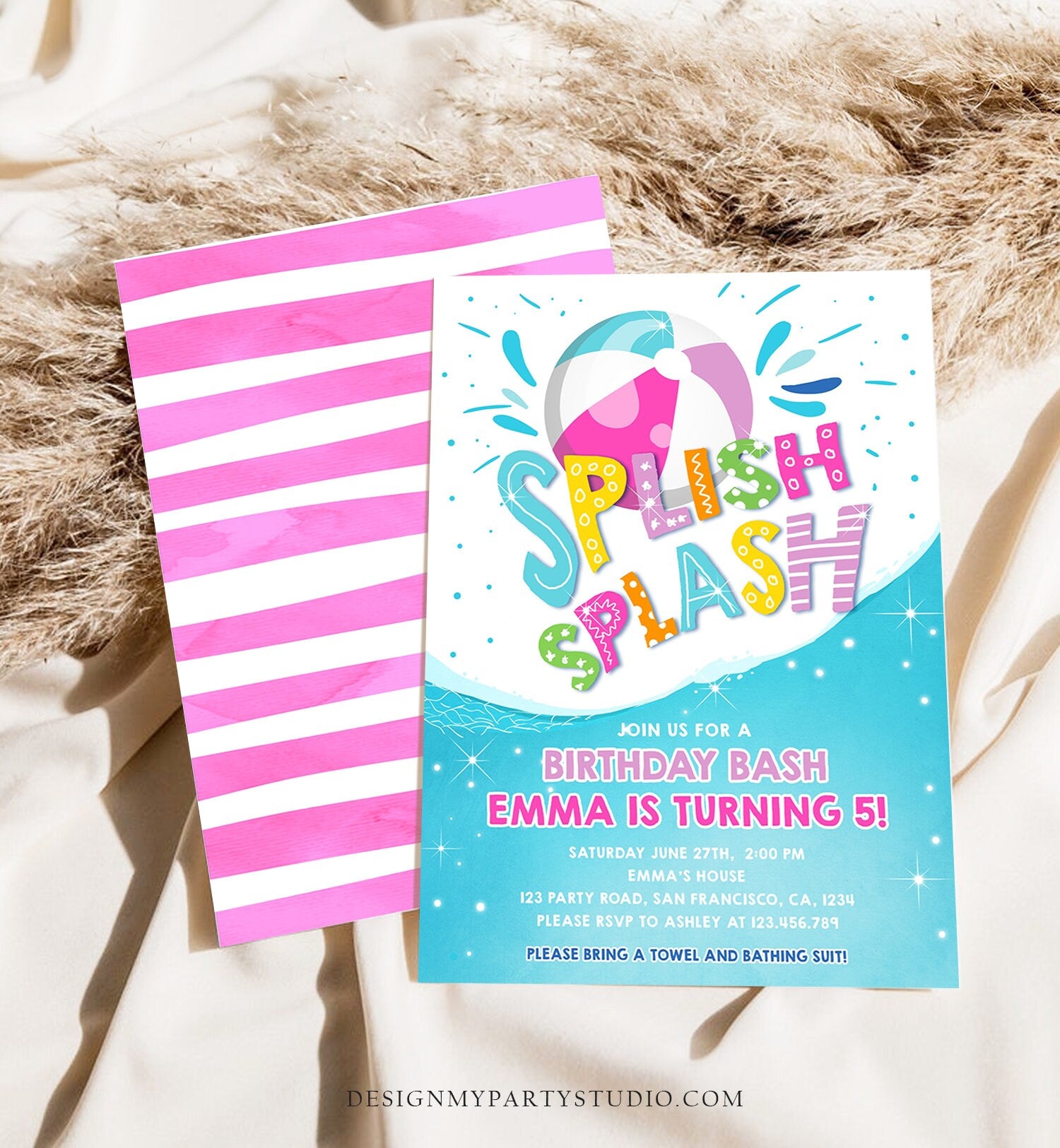 Editable Splish Splash Birthday Invitation Pool Party Boy Beach Ball Blue Green Birthday Bash Digital Download Evite Template Printable 0169