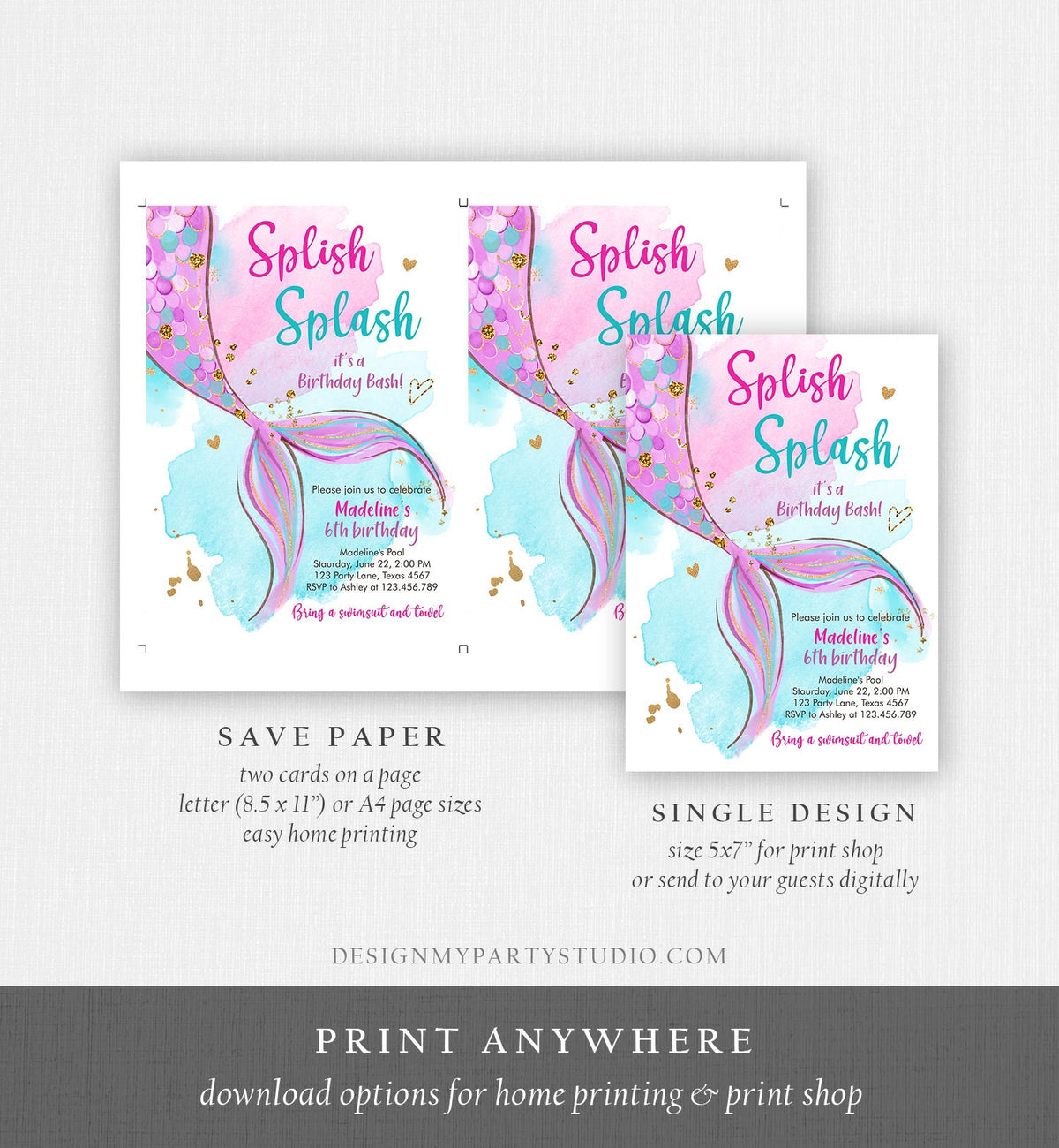 Editable Mermaid Birthday Party Invitation Girl Pool Party Pink Purple Mermaid Birthday Under The Sea Download Evite Template Printable 0403