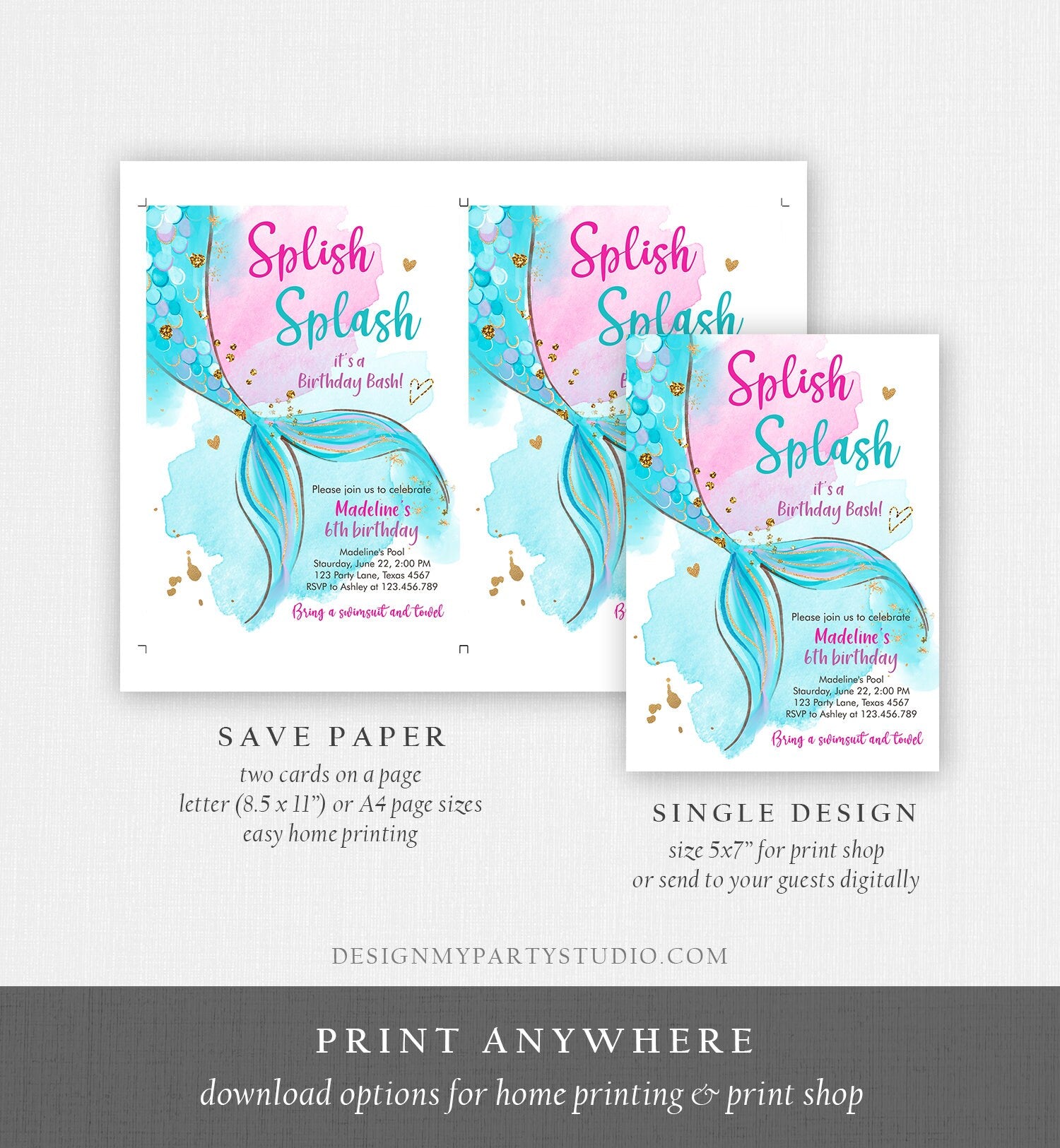 Editable Mermaid Birthday Party Invitation Girl Pool Party Pink Mermaid Birthday Under The Sea Digital Download Template Printable 0403