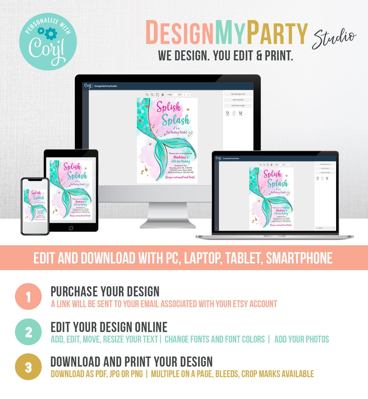 Editable Mermaid Birthday Party Invitation Girl Pool Party Pink Gold Mermaid Birthday Under The Sea Digital Download Template Printable 0403