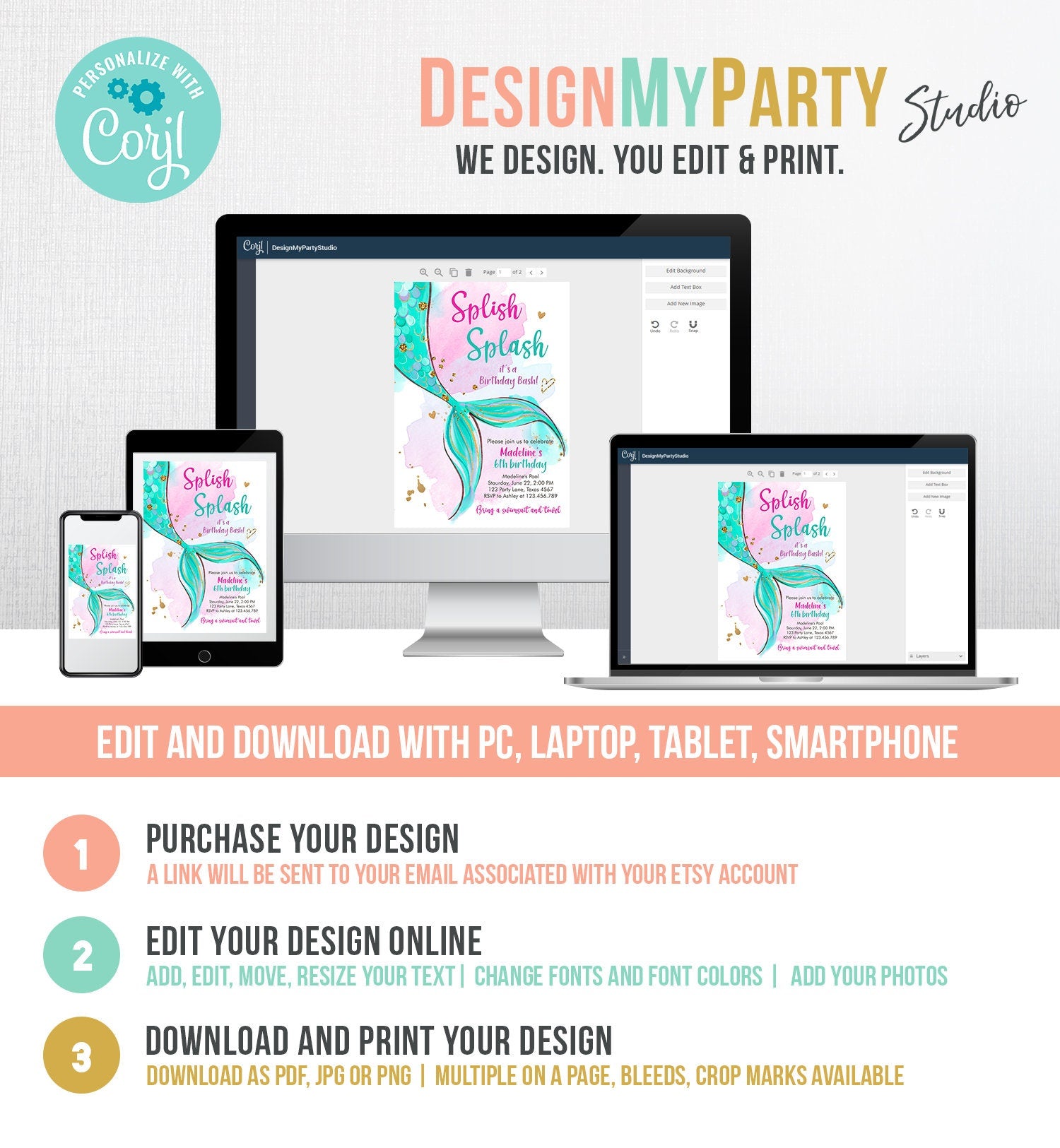 Editable Mermaid Birthday Party Invitation Girl Pool Party Pink Gold Mermaid Birthday Under The Sea Digital Download Template Printable 0403