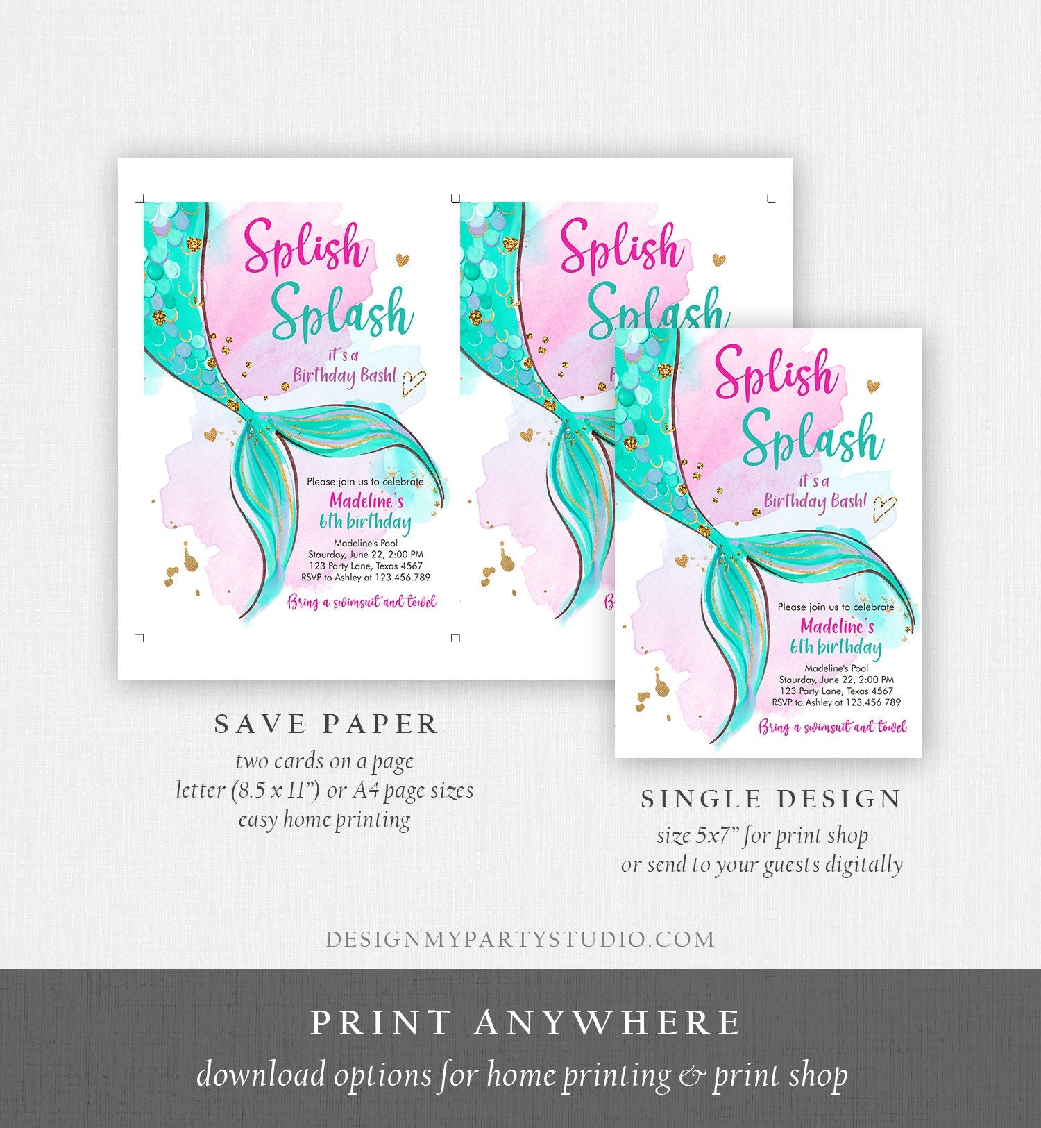Editable Mermaid Birthday Party Invitation Girl Pool Party Pink Gold Mermaid Birthday Under The Sea Digital Download Template Printable 0403
