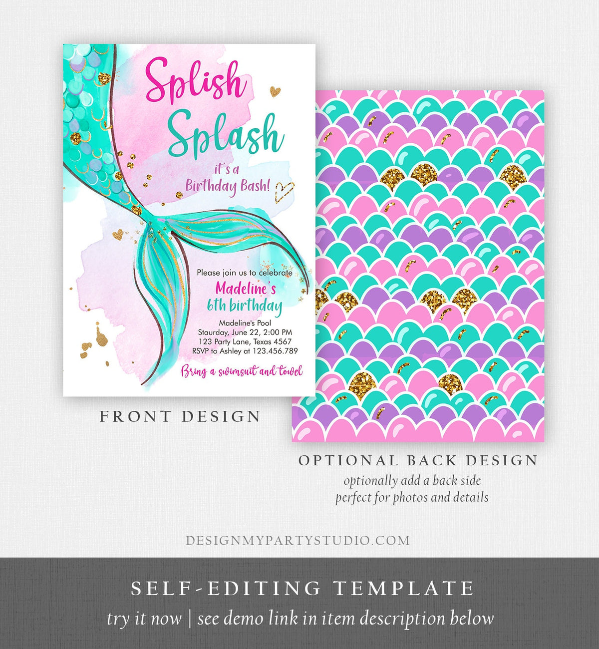 Editable Mermaid Birthday Party Invitation Girl Pool Party Pink Gold Mermaid Birthday Under The Sea Digital Download Template Printable 0403