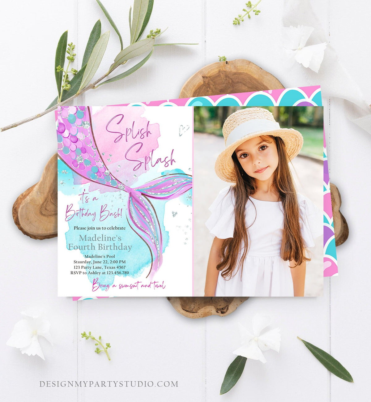 Editable Mermaid Birthday Party Invitation Girl Pink Purple Silver Mermaid Birthday Under The Sea Digital Download Template Printable 0403