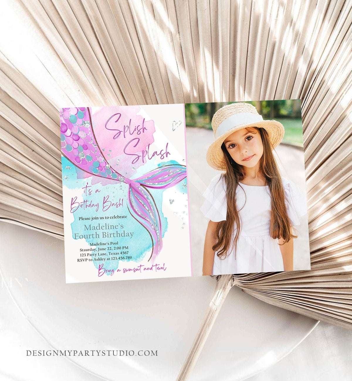Editable Mermaid Birthday Party Invitation Girl Pink Purple Silver Mermaid Birthday Under The Sea Digital Download Template Printable 0403