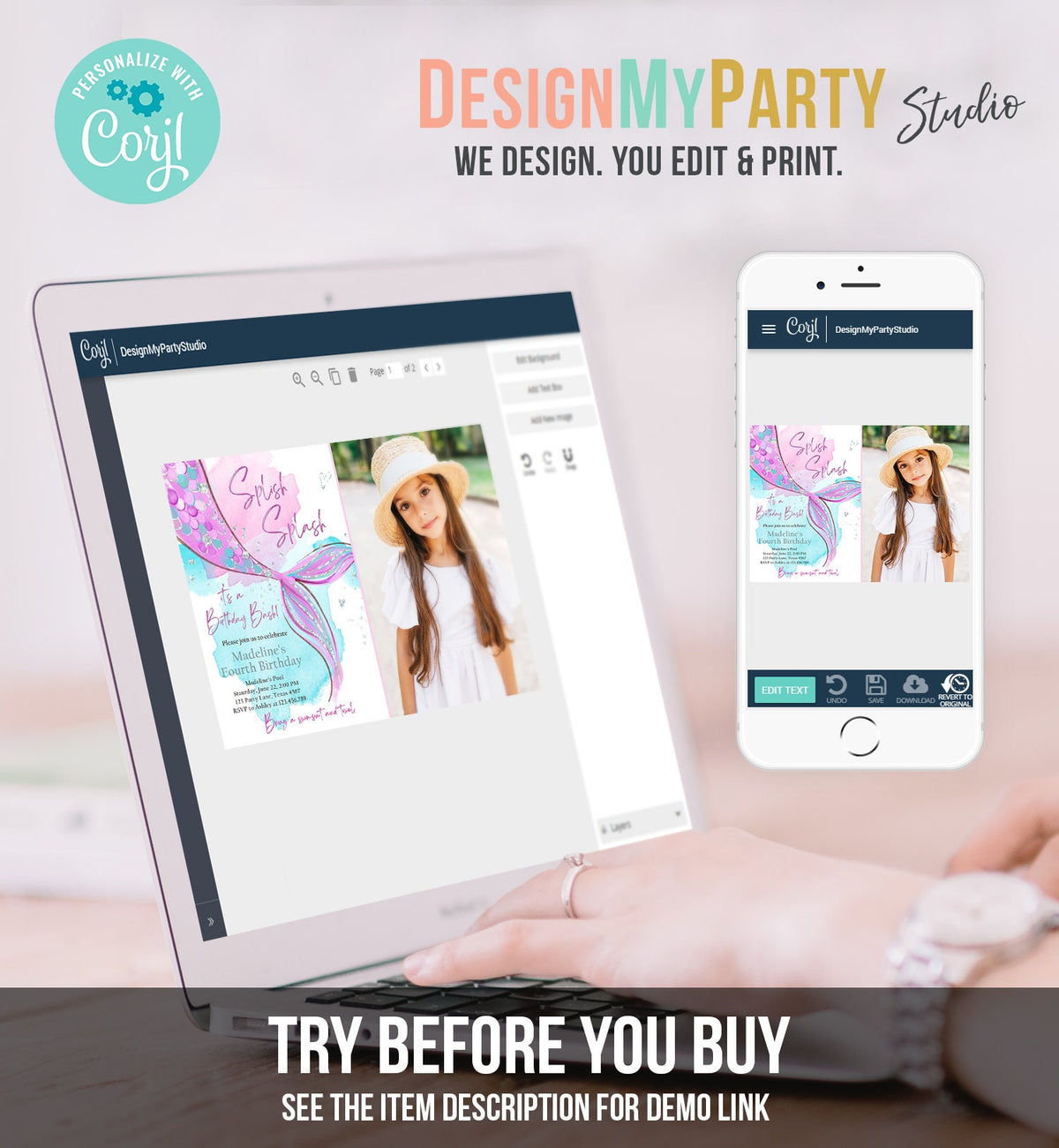 Editable Mermaid Birthday Party Invitation Girl Pink Purple Silver Mermaid Birthday Under The Sea Digital Download Template Printable 0403