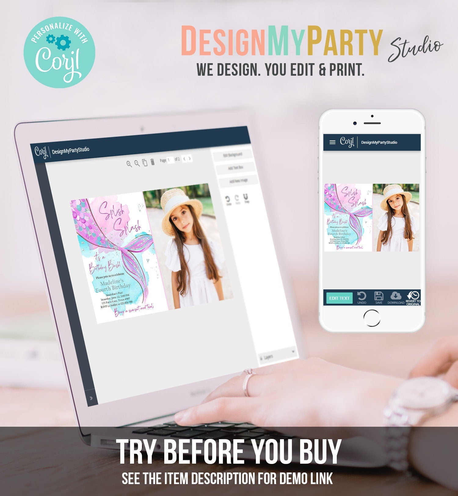 Editable Mermaid Birthday Party Invitation Girl Pink Purple Silver Mermaid Birthday Under The Sea Digital Download Template Printable 0403