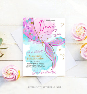 Editable ONEder the Sea Birthday Party Invitation Mermaid First Birthday Girl 1st Birthday Pink Gold Download Printable Template Corjl 0403