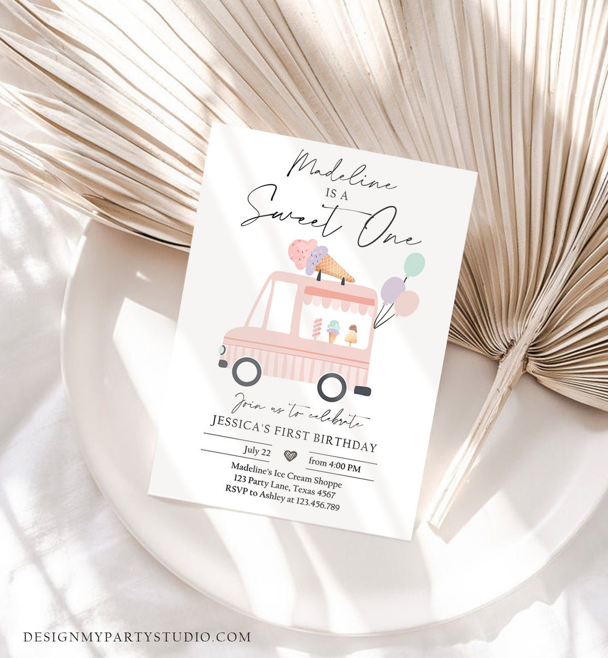 Editable Ice Cream Truck Birthday Invitation Ice Cream Sweet One Modern 1st Birthday Party First Download Printable Template Corjl 0415