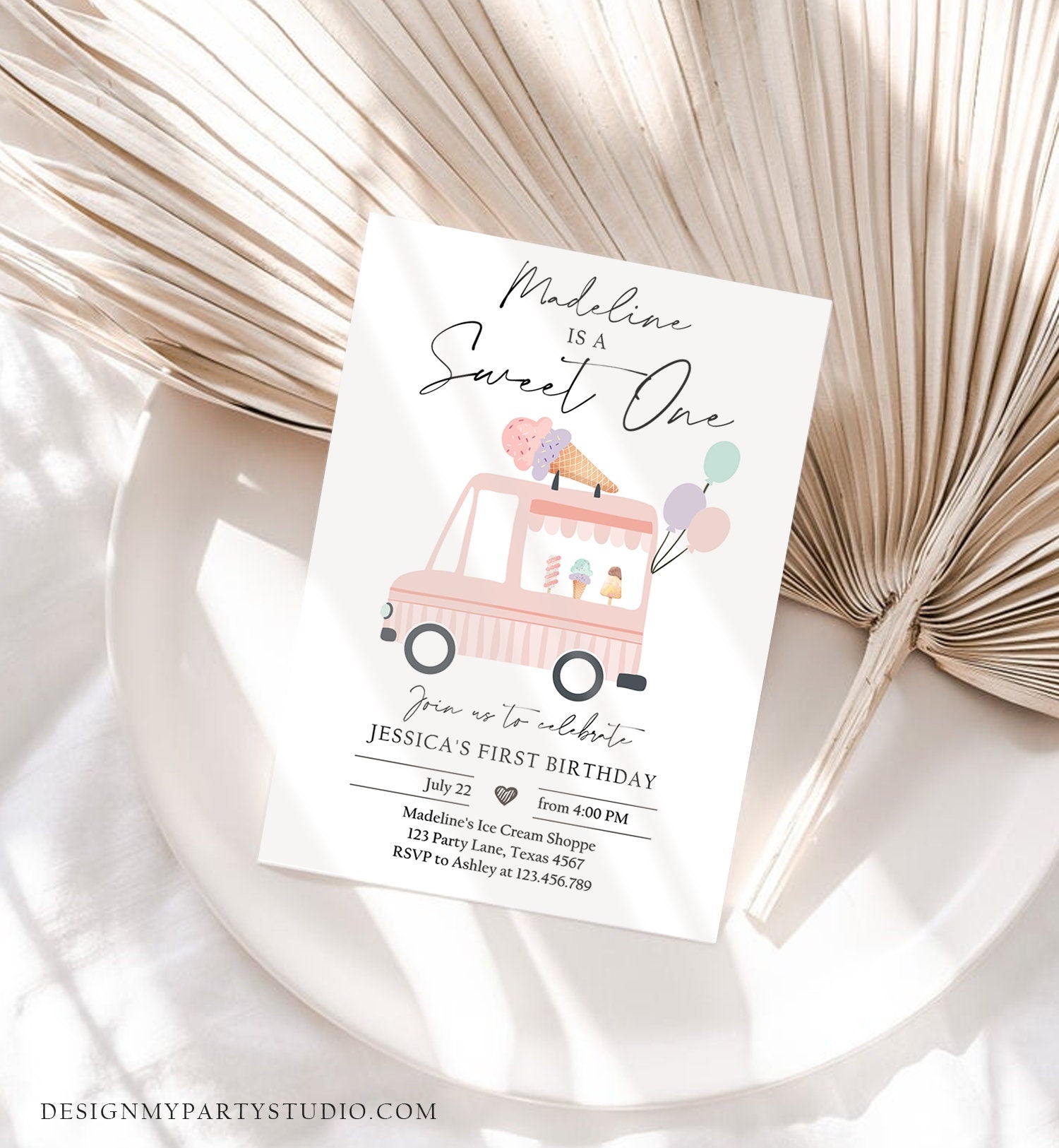 Editable Ice Cream Truck Birthday Invitation Ice Cream Sweet One Modern 1st Birthday Party First Download Printable Template Corjl 0415