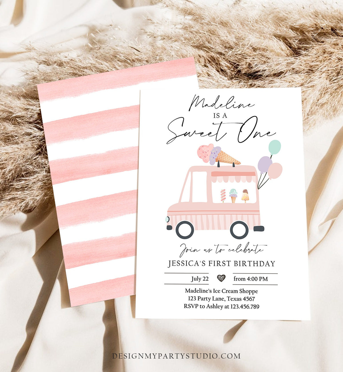 Editable Ice Cream Truck Birthday Invitation Ice Cream Sweet One Modern 1st Birthday Party First Download Printable Template Corjl 0415
