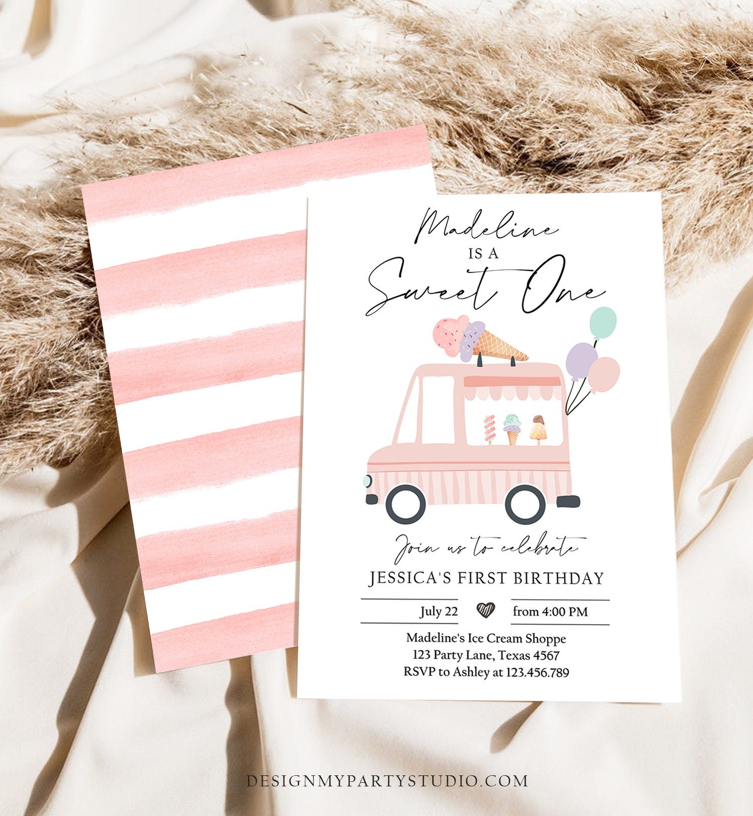 Editable Ice Cream Truck Birthday Invitation Ice Cream Sweet One Modern 1st Birthday Party First Download Printable Template Corjl 0415