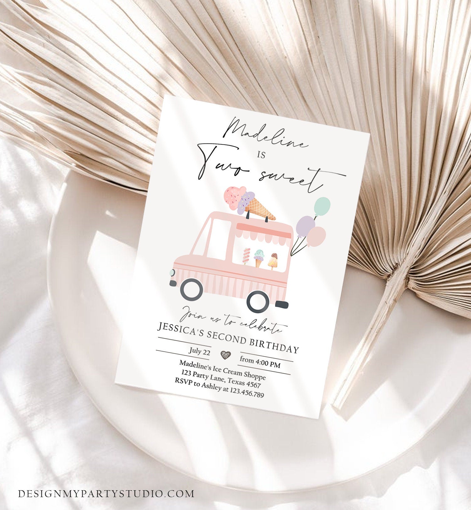 Editable Ice Cream Truck Birthday Invitation Ice Cream Two Sweet Modern 2nd Birthday Party Two Second Download Printable Template Corjl 0415