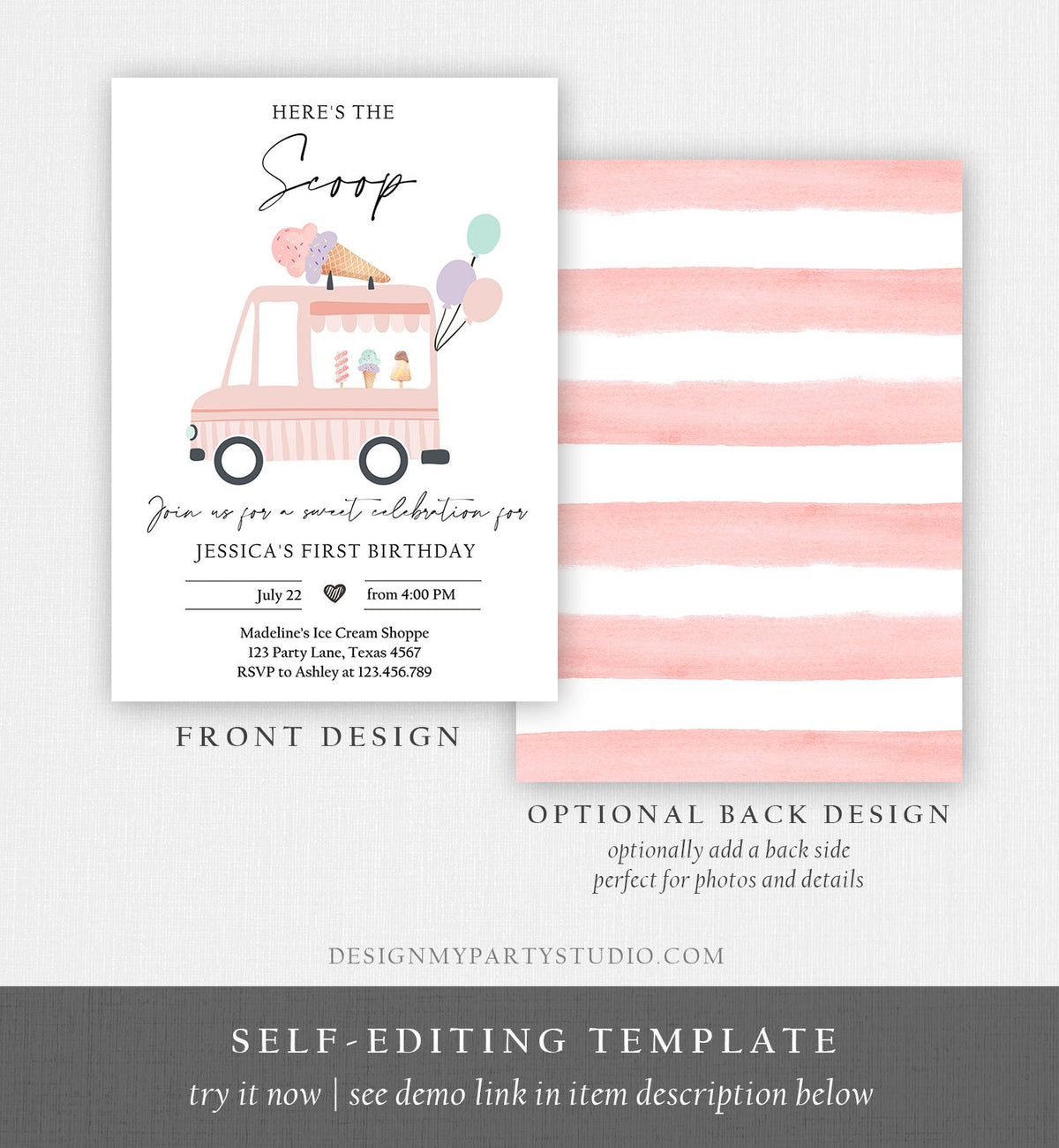 Editable Ice Cream Truck Birthday Invitation Ice Cream Truck Invite Modern Ice Cream Shoppe Van The Scoop Printable Template Corjl 0415