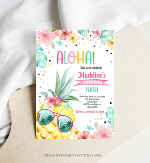 Editable Hawaiian Luau Birthday Invitation Pineapple Birthday Party Pool Party Pineapple Pink Girl Download Corjl Template Printable 0391