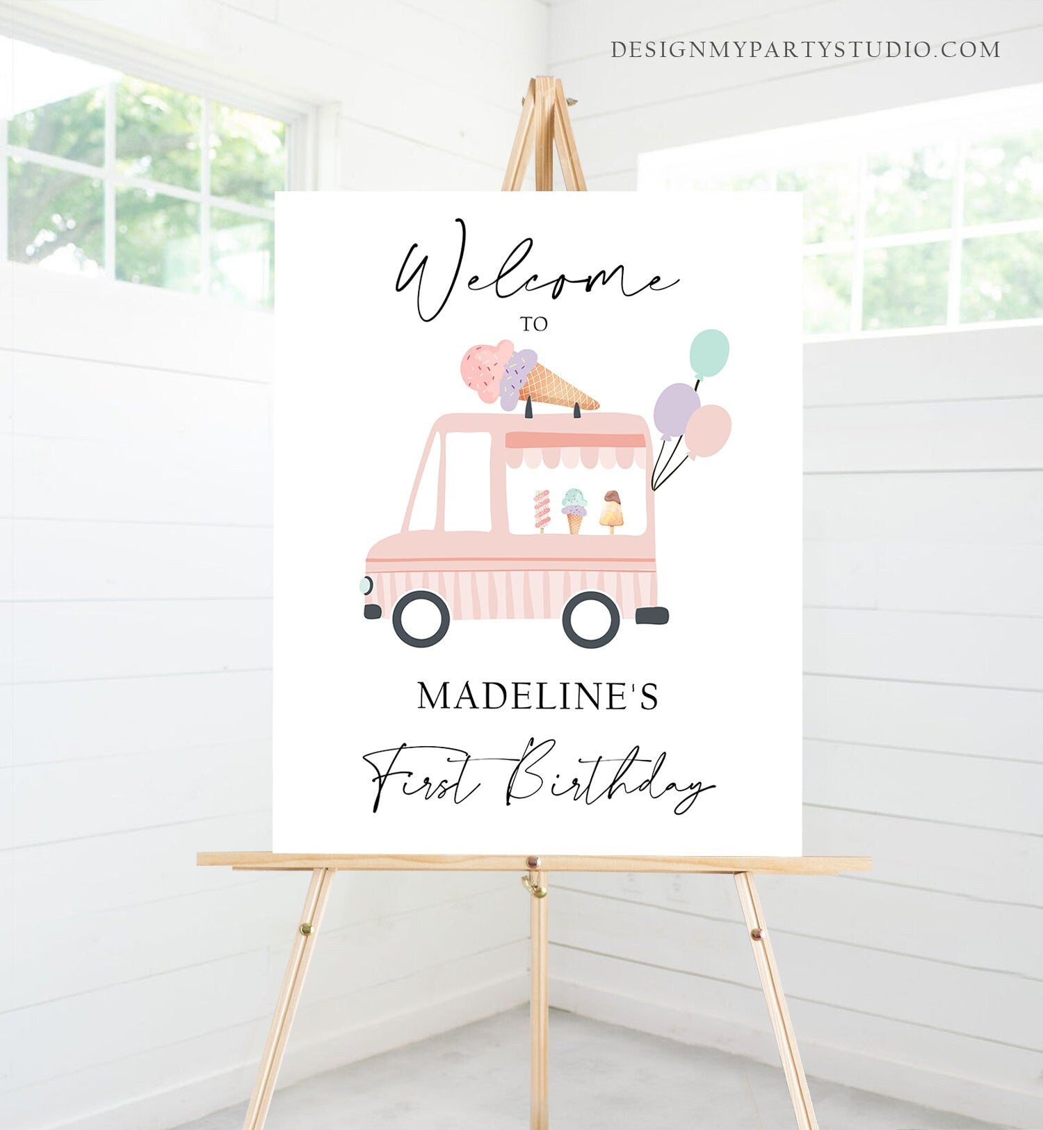 Editable Ice Cream Truck Party Welcome Sign Ice Cream Birthday Welcome Scoop Modern Girl Summer Pink Purple Template PRINTABLE Corjl 0415