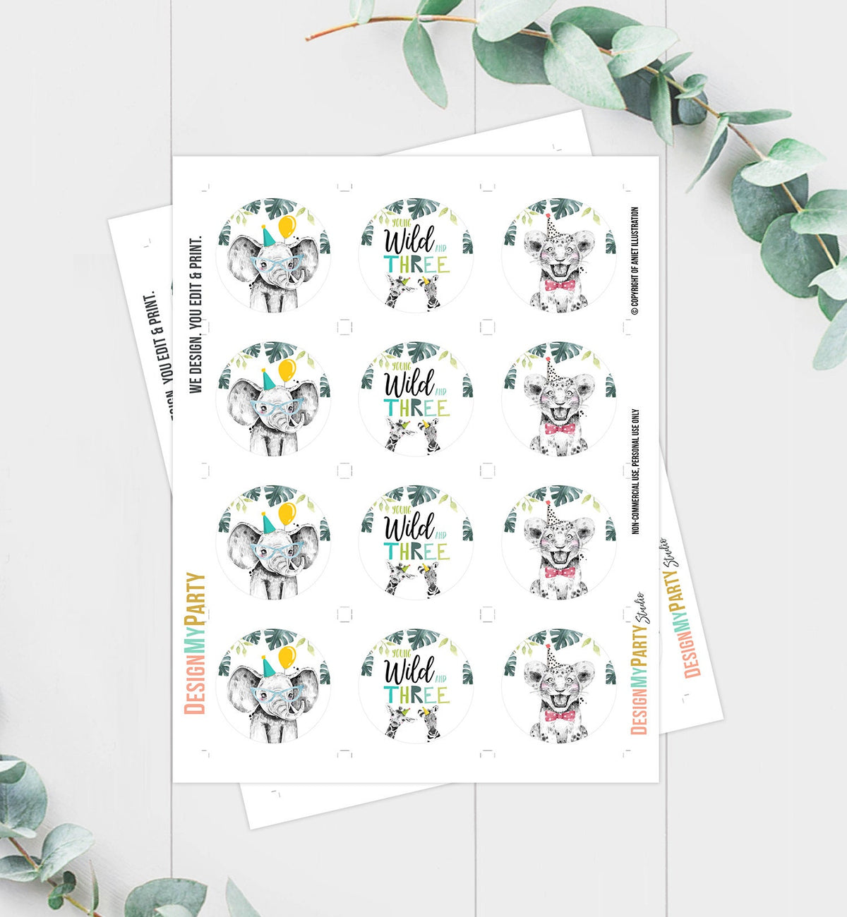 Party Animals Cupcake Toppers Favor Tags Third Birthday Party Boy Decoration Safari Animals Zoo Young Wild and Three Digital Printable 0322