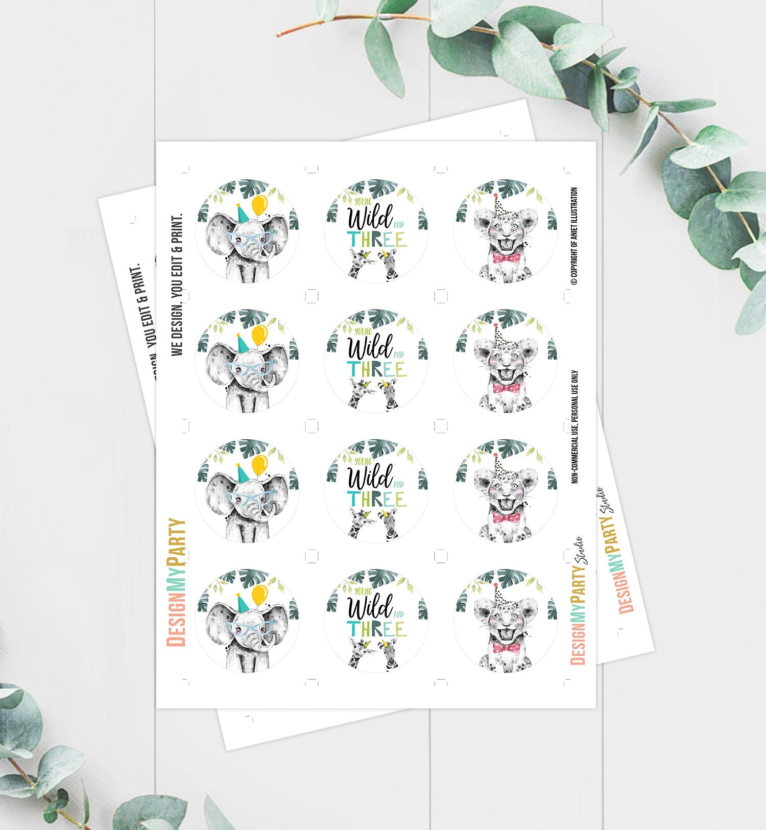 Party Animals Cupcake Toppers Favor Tags Third Birthday Party Boy Decoration Safari Animals Zoo Young Wild and Three Digital Printable 0322