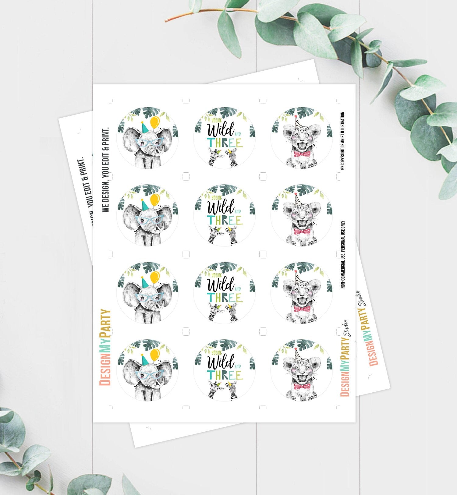 Party Animals Cupcake Toppers Favor Tags Third Birthday Party Boy Decoration Safari Animals Zoo Young Wild and Three Digital PRINTABLE 0322