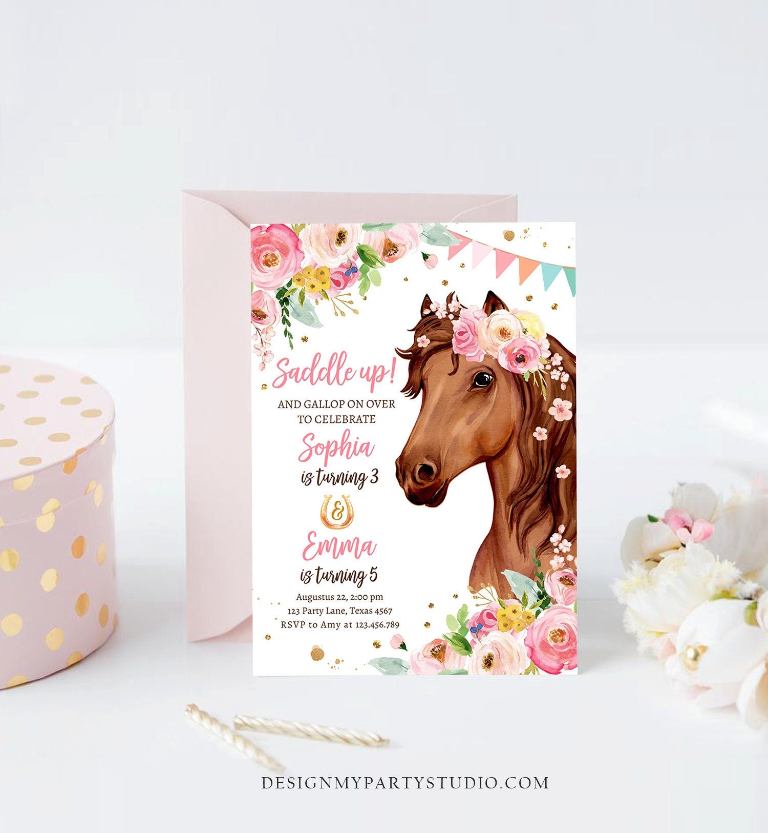 Editable Horse Birthday Invitation Girl Saddle Up Watercolor Cowgirl Party Horse Joint Siblings Pink Floral Printable Template Corjl 0408