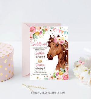 Editable Horse Birthday Invitation Girl Saddle Up Watercolor Cowgirl Party Horse Joint Siblings Pink Floral Printable Template Corjl 0408