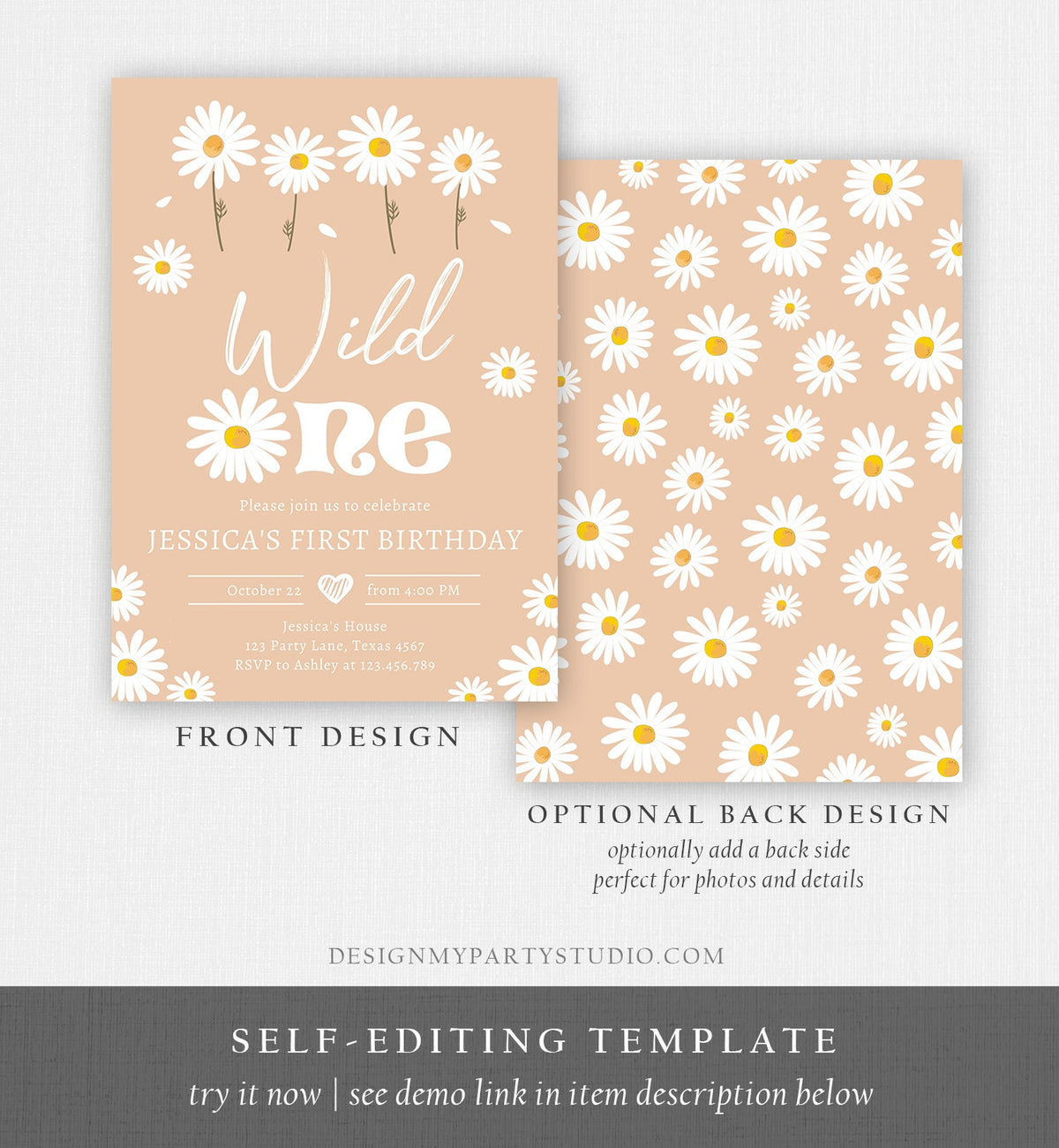 Editable Daisy Birthday Party Invitation Wild One Floral Girl Boho Sand First Birthday 1st Digital Download Evite Template Printable 0410