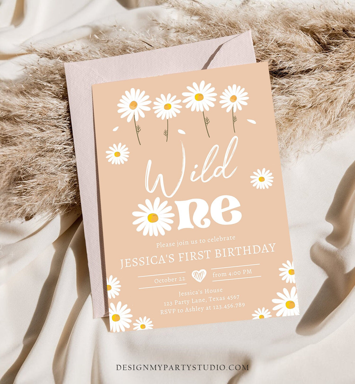 Editable Daisy Birthday Party Invitation Wild One Floral Girl Boho Sand First Birthday 1st Digital Download Evite Template Printable 0410