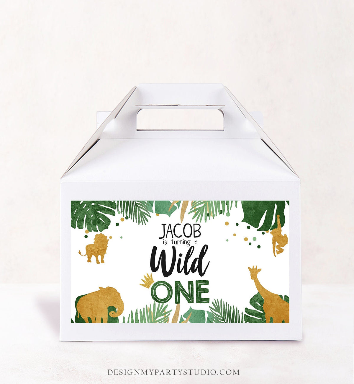 Editable Safari Animals Birthday Gable Gift Box Labels Party Animals Gold Green Wild One Jungle First Birthday Boy Digital Printable 0016