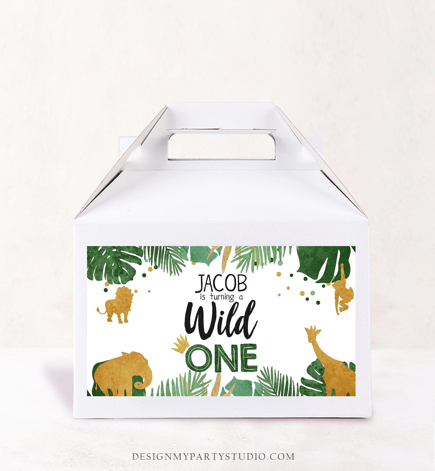 Editable Safari Animals Birthday Gable Gift Box Labels Party Animals Gold Green Wild One Jungle First Birthday Boy Digital Printable 0016