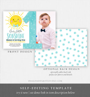 Editable Our Little Sonshine Birthday Invitation Summer Sunshine Party Blue Boy Summer First Birthday Download Printable Corjl Template 0141