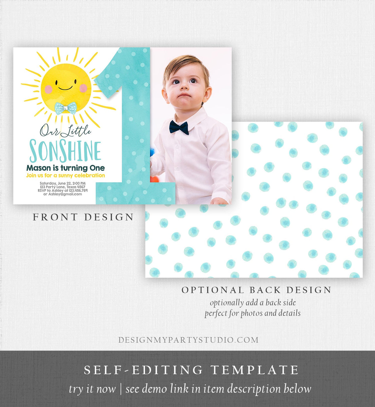 Editable Our Little Sonshine Birthday Invitation Summer Sunshine Party Blue Boy Summer First Birthday Download Evite Template Printable 0141