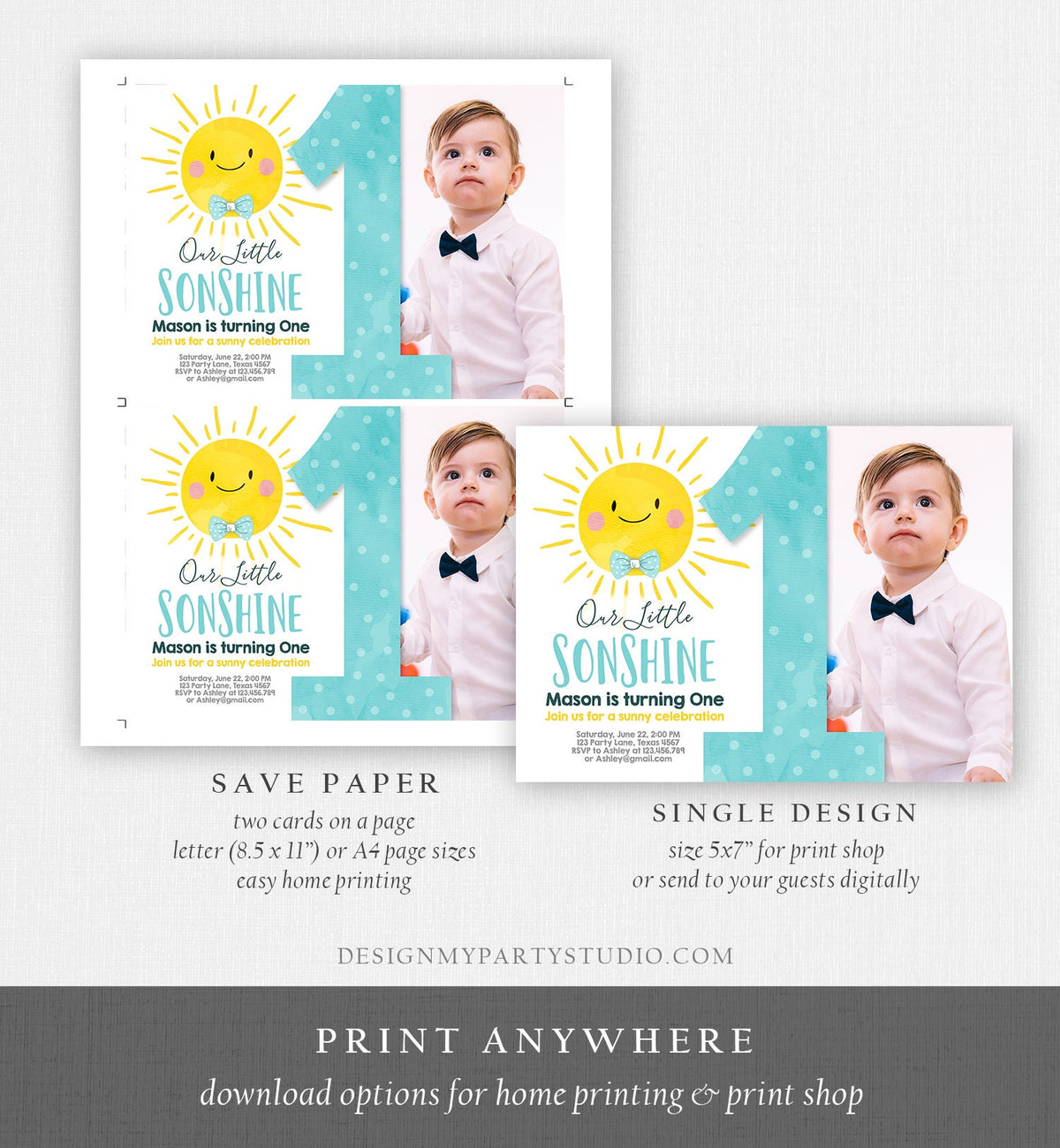 Editable Our Little Sonshine Birthday Invitation Summer Sunshine Party Blue Boy Summer First Birthday Download Evite Template Printable 0141