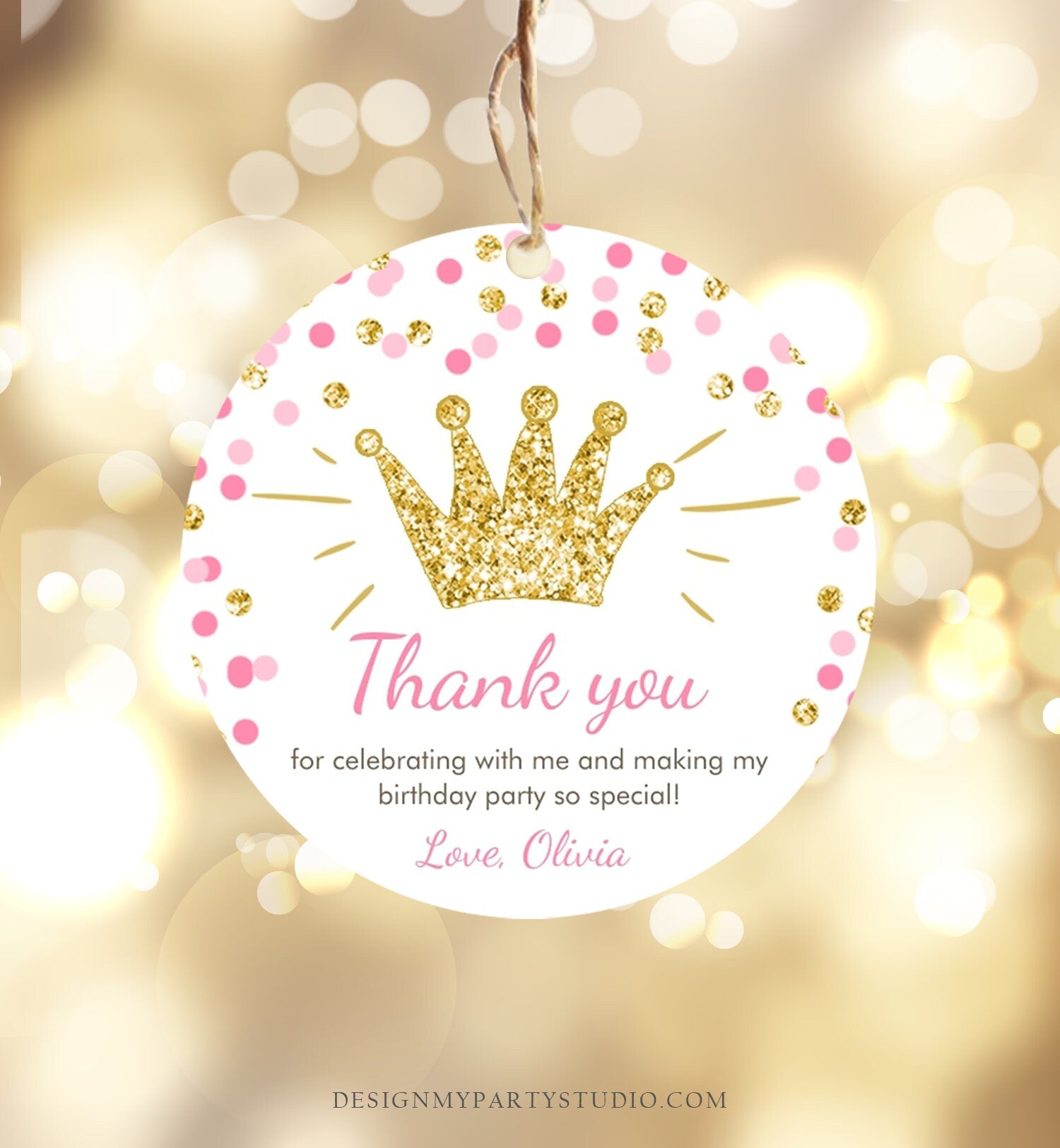 Editable Princess Favor Tags Birthday Thank You Tag Girl Pink Gold Royal Party Crown Little Miss Onederful Corjl Template Printable 0047