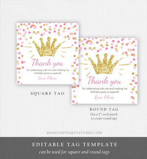 Editable Princess Favor Tags Birthday Thank You Tag Girl Pink Gold Royal Party Crown Little Miss Onederful Corjl Template Printable 0047