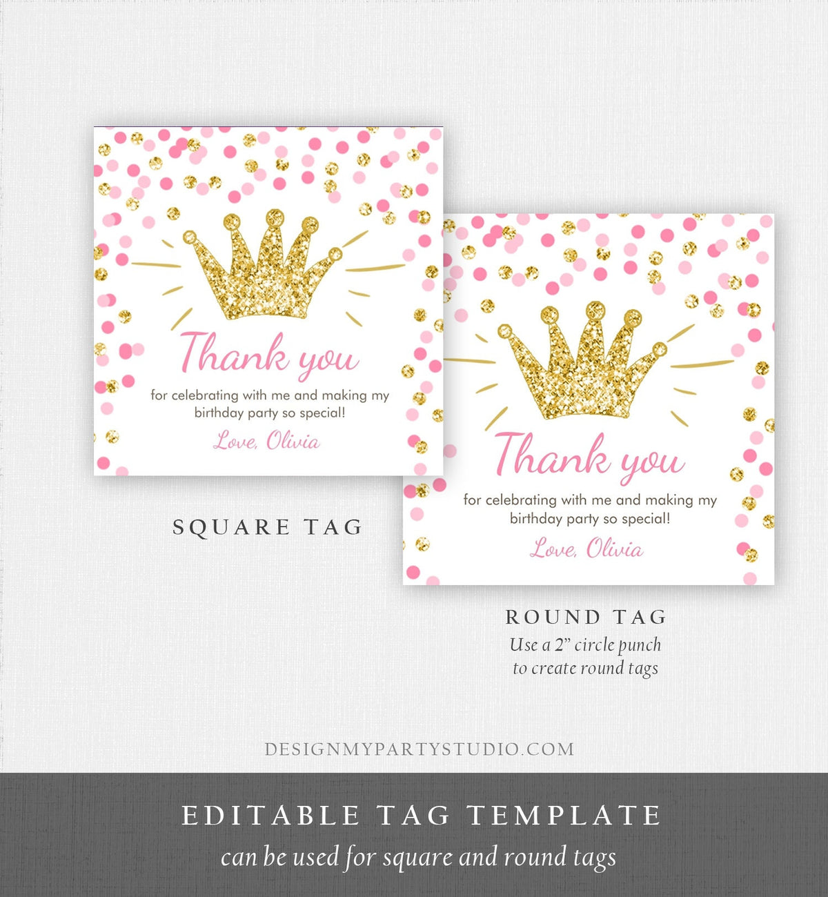 Editable Princess Favor Tags Birthday Thank You Tag Girl Pink Gold Royal Party Crown Little Miss Onederful Corjl Template Printable 0047
