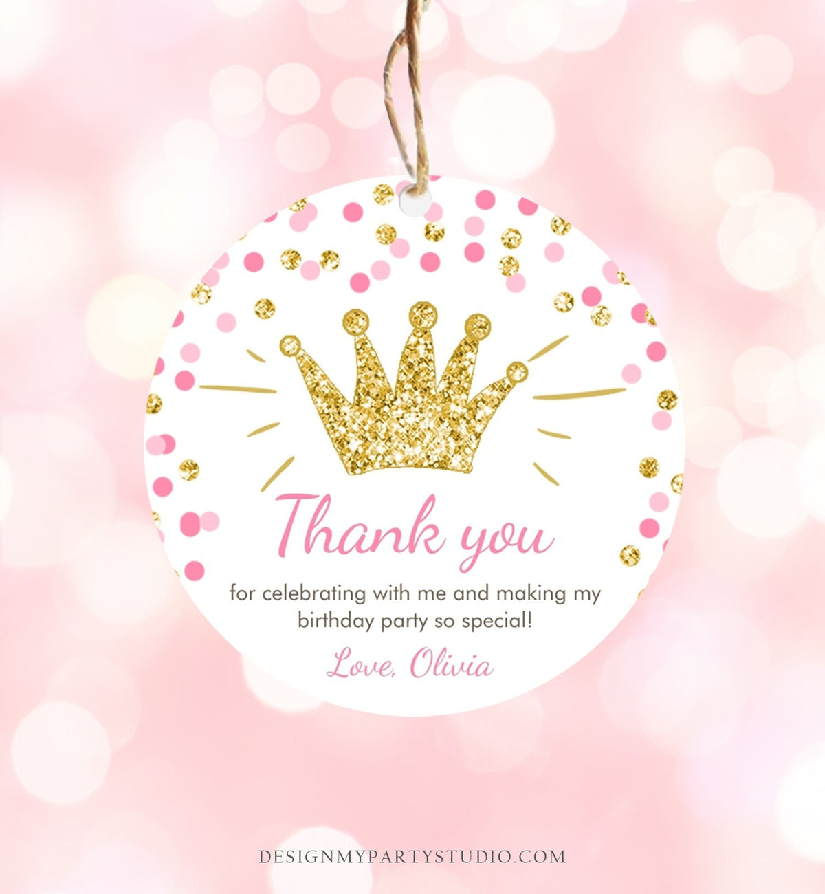 Editable Princess Favor Tags Birthday Thank You Tag Girl Pink Gold Royal Party Crown Little Miss Onederful Corjl Template Printable 0047