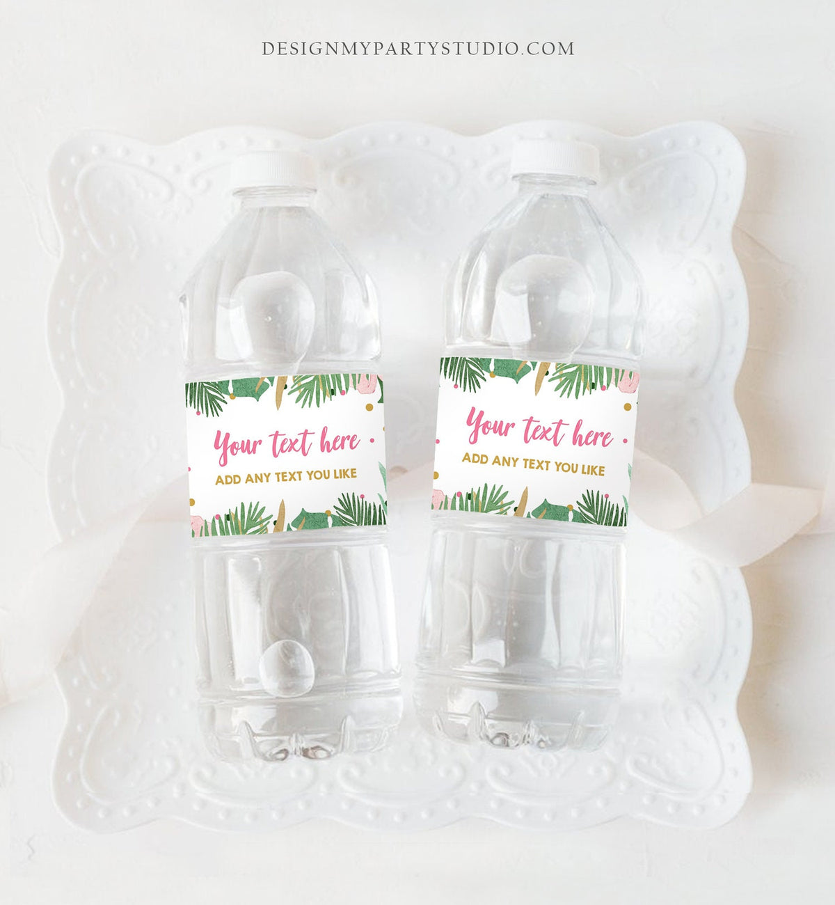 Editable Safari Water Bottle Labels Tropical Girl Birthday Party Wild One Decor Beach Summer Pink Gold Labels Tropical Corjl Template 0332