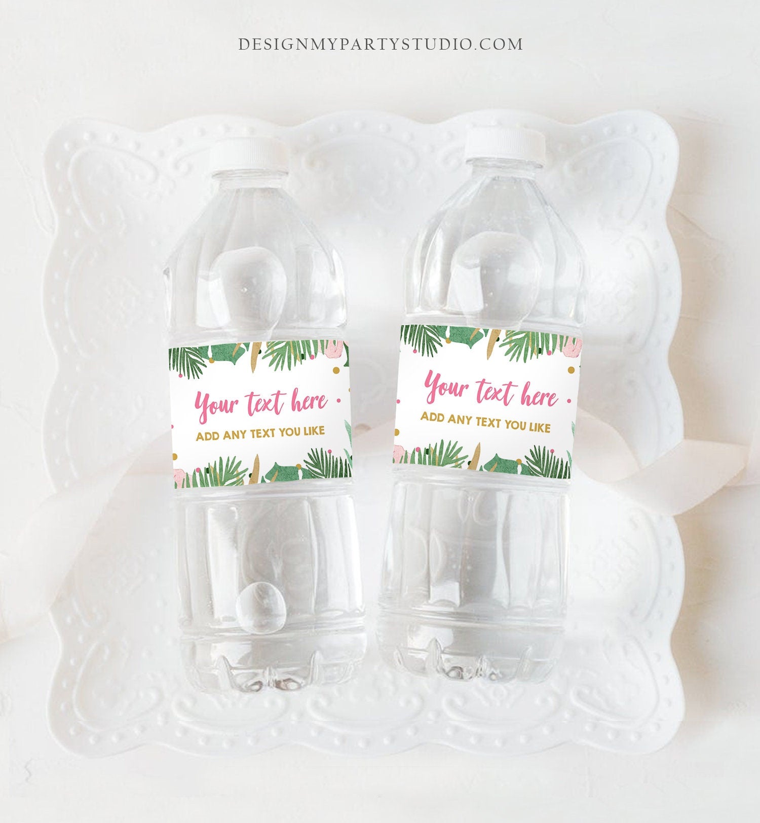 Editable Safari Water Bottle Labels Tropical Girl Birthday Party Wild One Decor Beach Summer Pink Gold Labels Tropical Corjl Template 0332