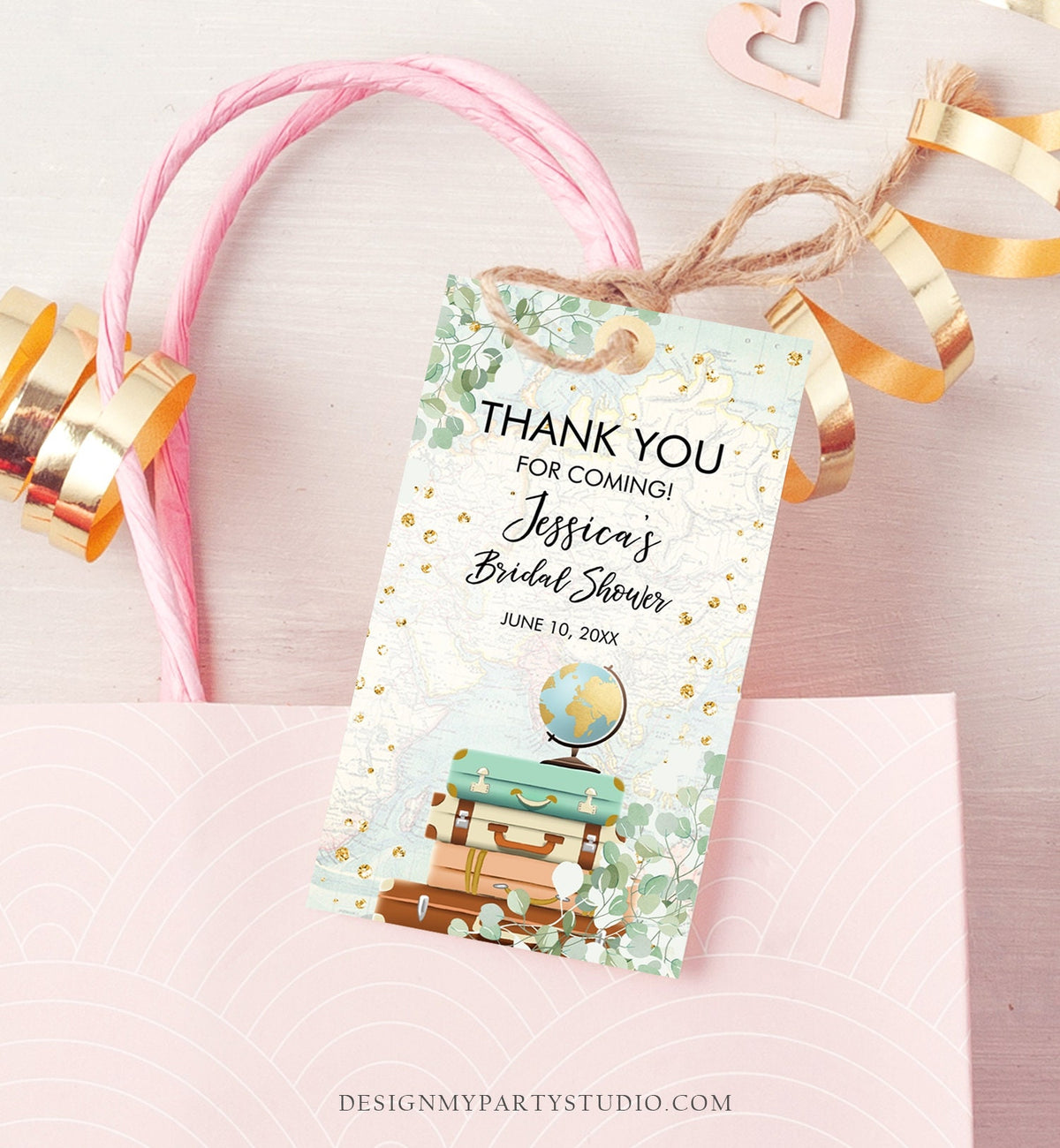 Editable Travel Thank You Favor Tags Adventure Eucalyptus Greenery Suitcases Bridal Shower Baby Shower Digital Template Printable 0030