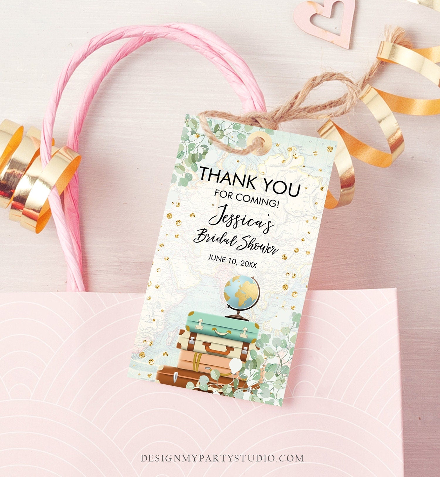 Editable Travel Thank You Favor Tags Adventure Eucalyptus Greenery Suitcases Bridal Shower Baby Shower Digital Template Printable 0030