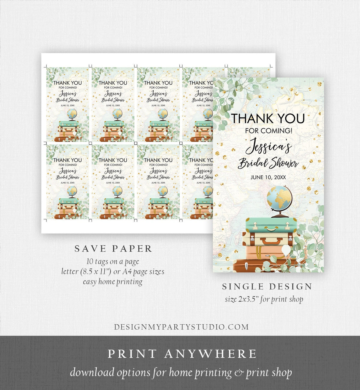 Editable Travel Thank You Favor Tags Adventure Eucalyptus Greenery Suitcases Bridal Shower Baby Shower Digital Template Printable 0030