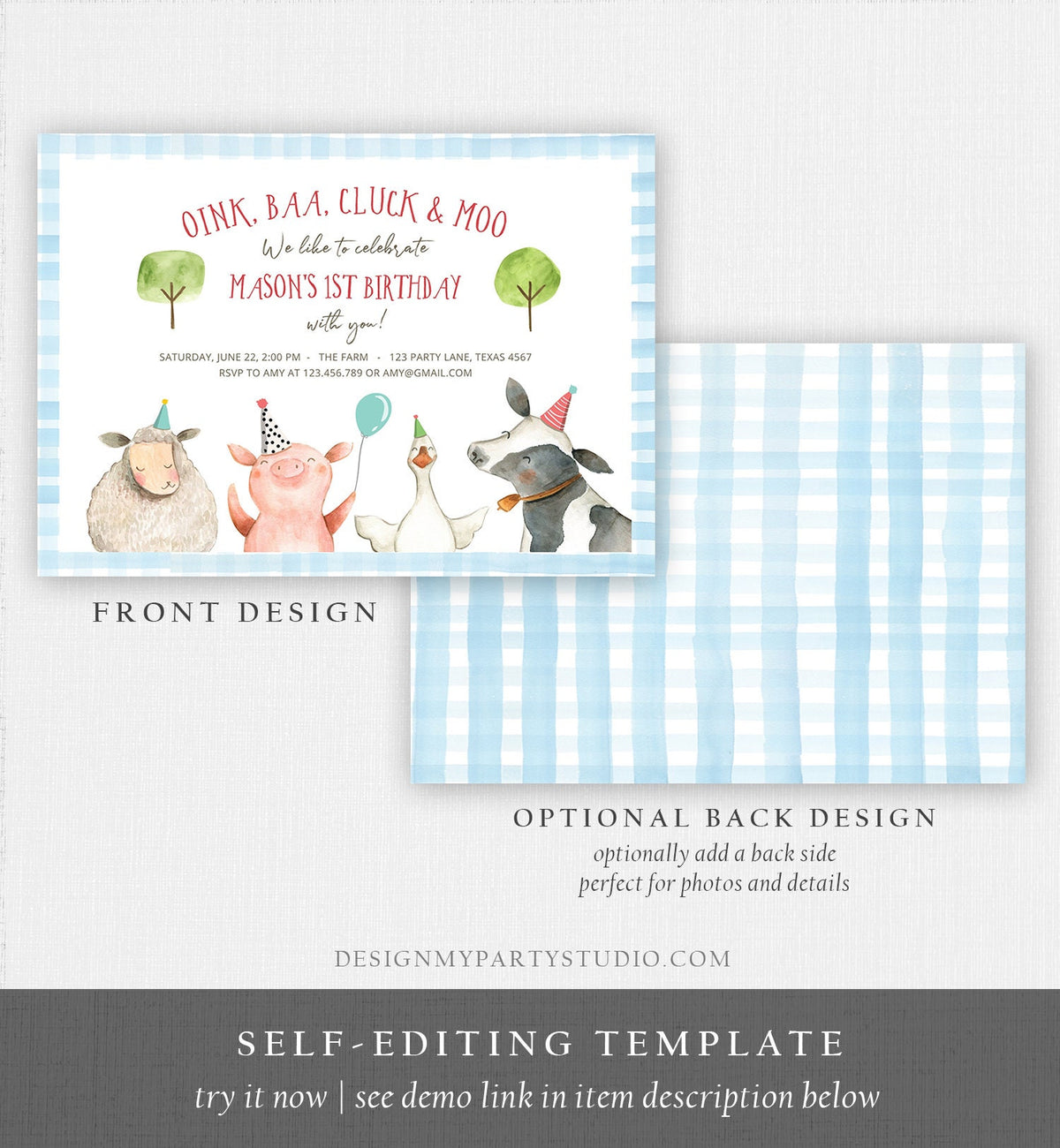 Editable Farm Birthday Invitation Boy Farm Animals Boy Barnyard Birthday Party Animals Printable Invitation Template Digital Corjl 0155