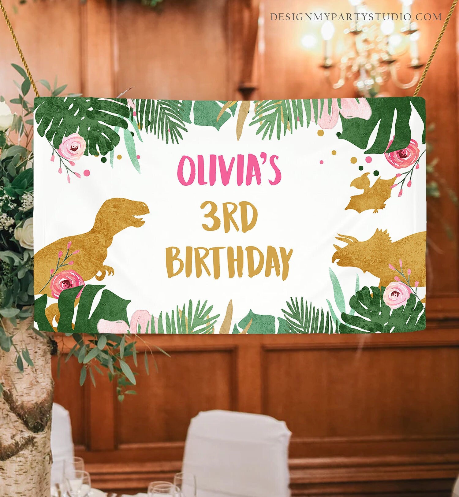 Editable Dinosaur Birthday Backdrop Banner Girl Pink Prehistoric Dino Party Welcome Sign Decor Digital Download Template Printable 0146