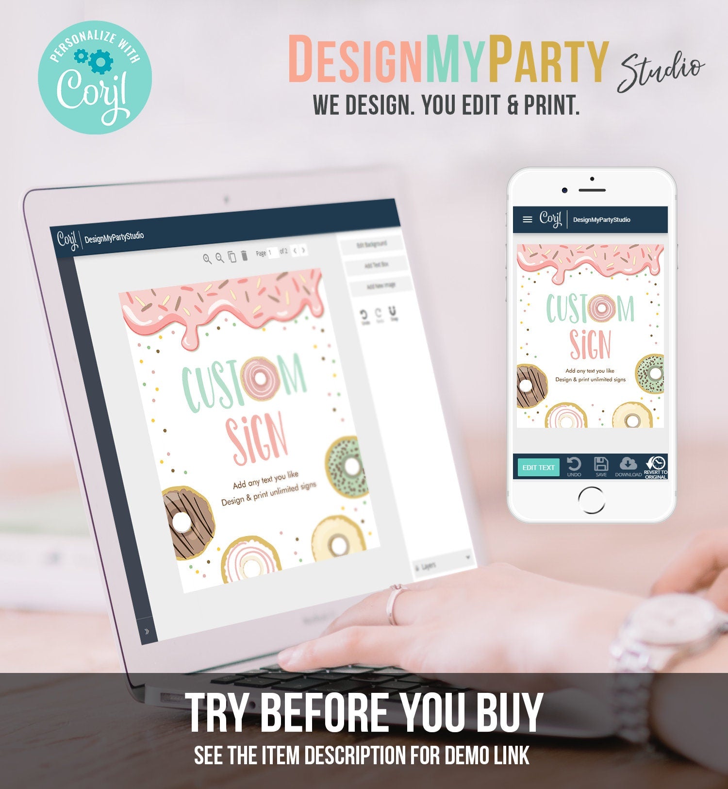 Editable Donut Custom Sign Birthday Bridal Shower Baby Shower Wedding Pastel Pink Girl Teal Table Bar Doughnut Sweet Template Printable 0320