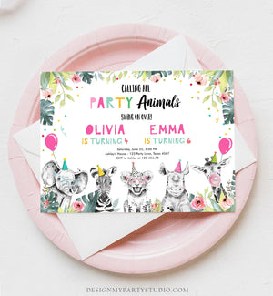 Editable Party Animals Birthday Invitation Wild One Animals Safari Animals ANY AGE Zoo Girl Siblings Joint Corjl Template Printable 0322
